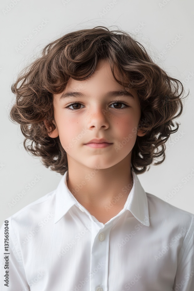 Portrait of a Young Boy with Curly Brown Hair Wearing a White Shirt Portrait of a Young Boy with Curly Brown Hair Wearing a White Shirt