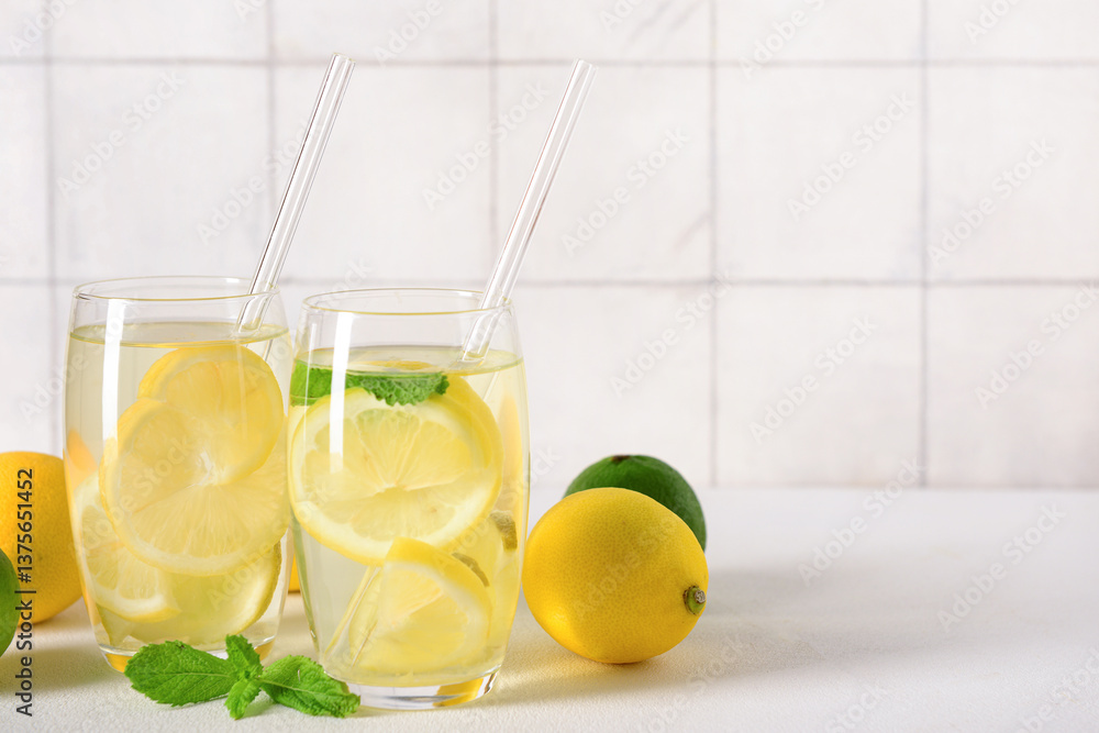 Φωτογραφία Glasses of tasty lemonade with mint on white table