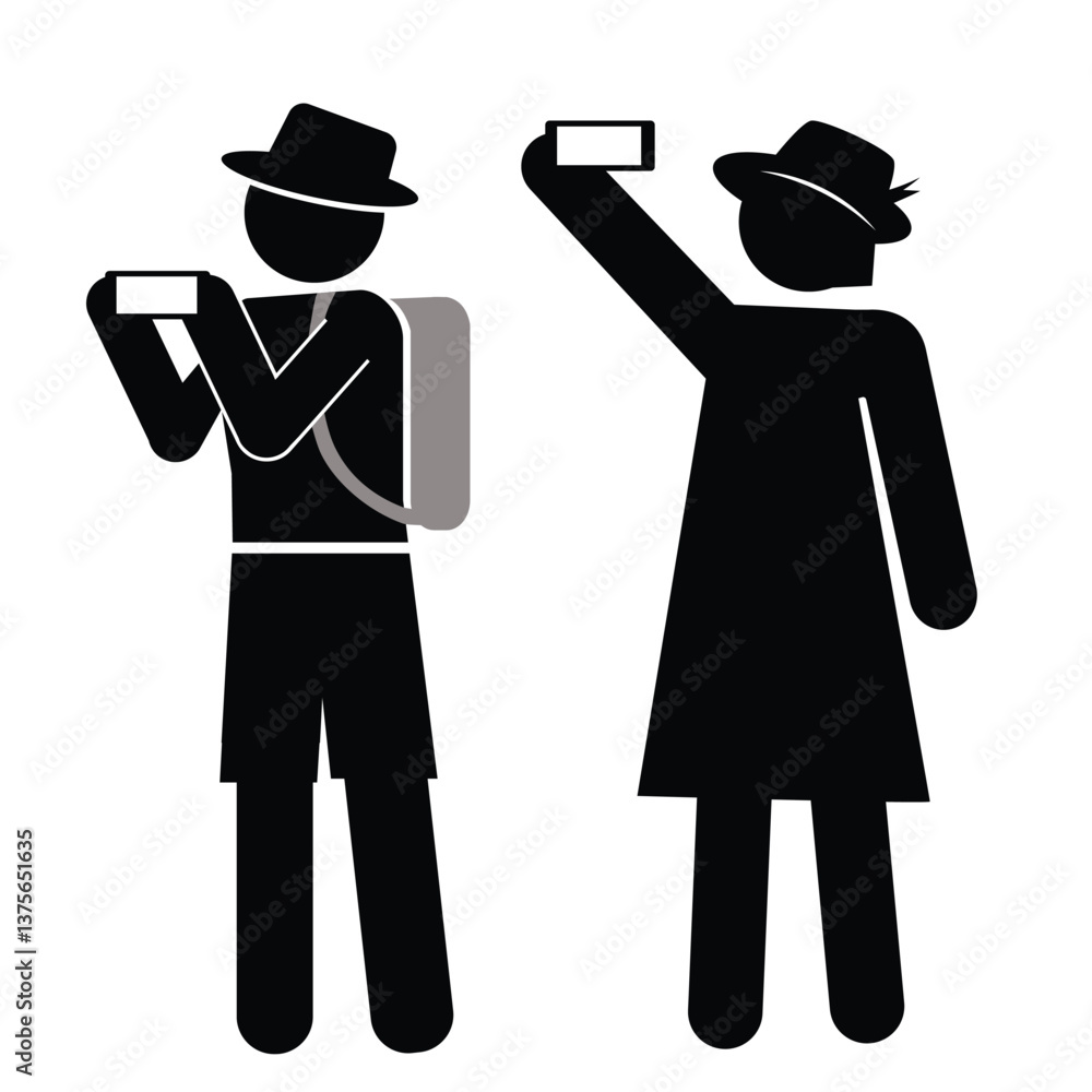 Icon tourists take a photo. Vector illustration Icon tourists take a photo. Vector illustration