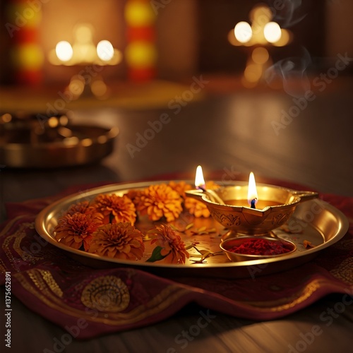 pooja thaali with diya and flowers on blur background