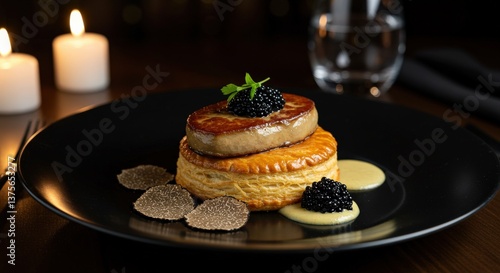 Foie gras baked in golden puff pastry, served with truffle sauce and black caviar. 