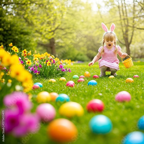 Ein Kind mit Hasenohren beim Ostereier suchen