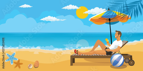 Happy tourist  man lie on deckchair with cocktail in hand , holiday on vacation banner. relaxing sea view Summer vacation concept.. vector,