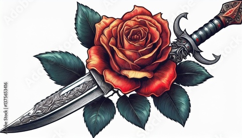 retro style gravure tattoo of a dagger piercing a blooming rose isolated on white ai generative