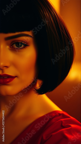 Cinematic image of beautiful woman with red lipstick on her lips, in retro style