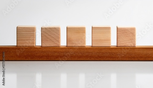 macro photography of five blank scrabble tiles on a wooden rack against a white background