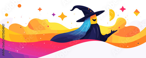 Mysterious witch with flowing hair and moon in vibrant colors vector.