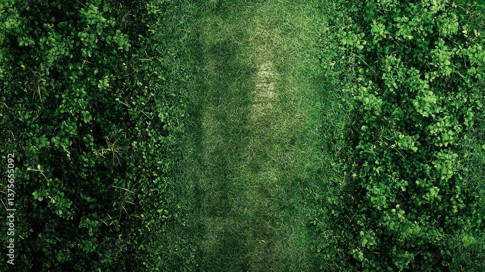 Fototapeta premium Aerial view of a pathway between lush green plants.