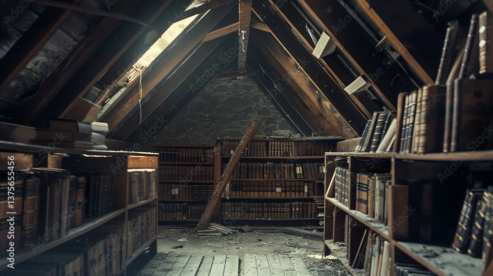 A dusty attic is filled with forgotten books. A dusty attic is filled with forgotten books.