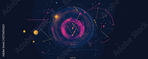 Abstract cosmic design with geometric shapes and lines on dark background, vector.