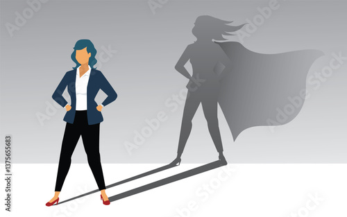 Businesswoman Superhero concept. Emancipation, Ambition, Success. Leadership Career Concept. Creative Modern Business Superhero. Women Power. vector,