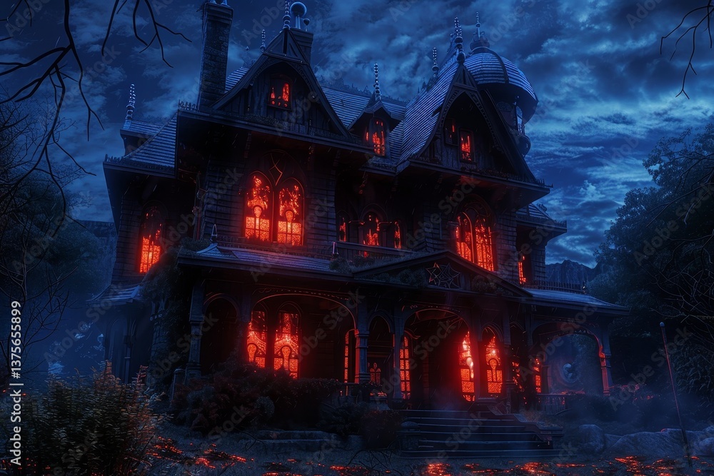Obraz premium A large, ominous house with glowing red windows stands under a dark, cloudy sky, A haunted house with glowing windows