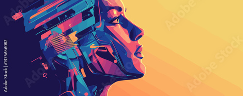 Futuristic female profile in geometric art style, gradient background, vector.