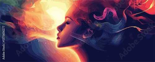 Vibrant abstract artistic portrait with colorful dreamlike elements - vector.