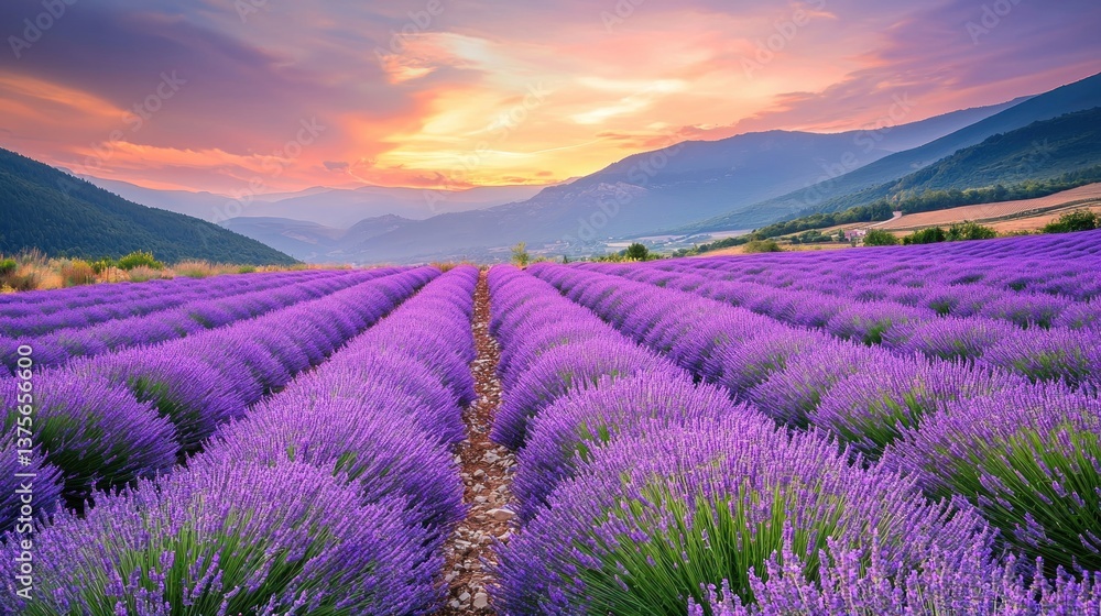 Fototapeta premium Vibrant sunset over rows of blooming purple lavender fields in a mountainous landscape.