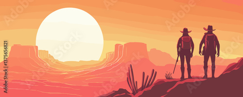 Two hikers watching sunset over desert landscape with cacti and mesas - vector.