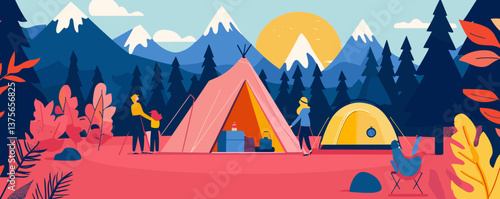 Colorful mountain camping scene with tents, campfire, and people at sunrise - vector.