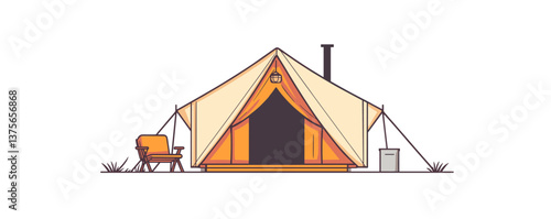 Cozy glamping tent with wooden chair and lantern, outdoor camping scene in nature, clean style vector.