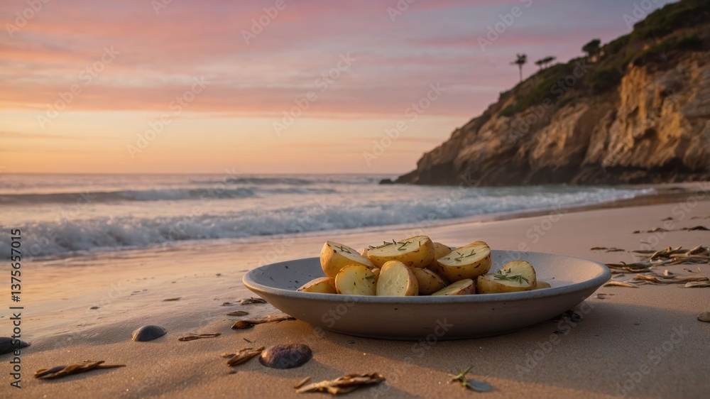 Naklejka premium Potatoes with Herbs on Beach at Sunset Ocean View Scenery