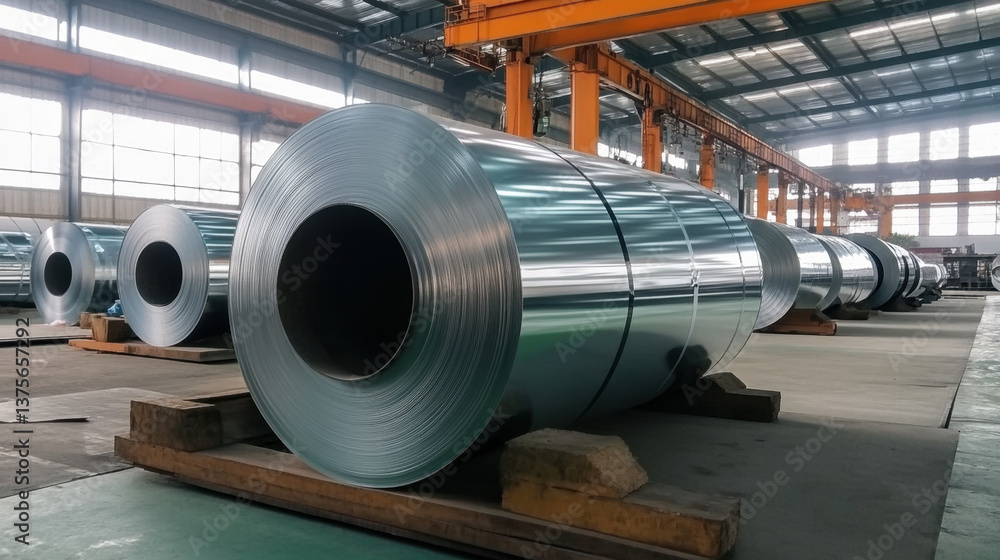 Naklejka premium Large Steel Coils Stacked Inside Modern Industrial Warehouse