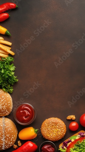 Fresh burger ingredients on a dark rustic background. Sesame buns, lettuce, tomatoes, onions, pickles and ketchup arranged as a flat lay. Appetite and brand appeal. Ideal for menu design and