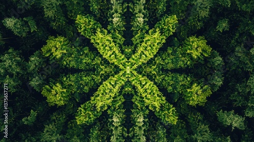 Kaleidoscopic forest pattern with vibrant green foliage creating symmetrical design.