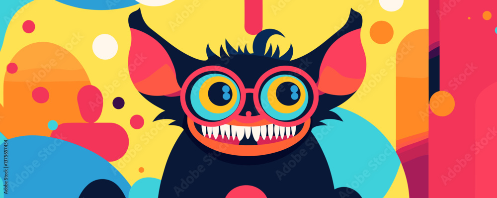Fototapeta premium Colorful creature with big ears and glasses on vibrant background - vector.