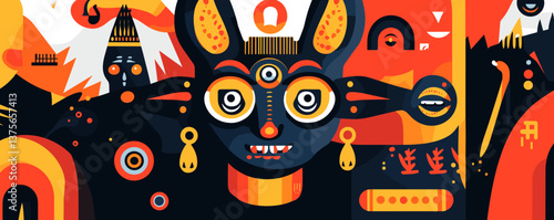 Colorful abstract tribal mask with geometric patterns and symbols – vector.