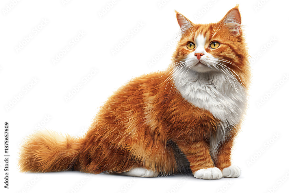 Obraz premium Fluffy ginger and white cat with bright yellow eyes sitting and looking upwards on a white background.