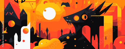 Fierce dragon silhouette against a sunset castle landscape, abstract geometric art - vector.