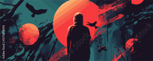 Silhouetted figure and flying birds against a red sun in abstract surreal scene, digital art vector.