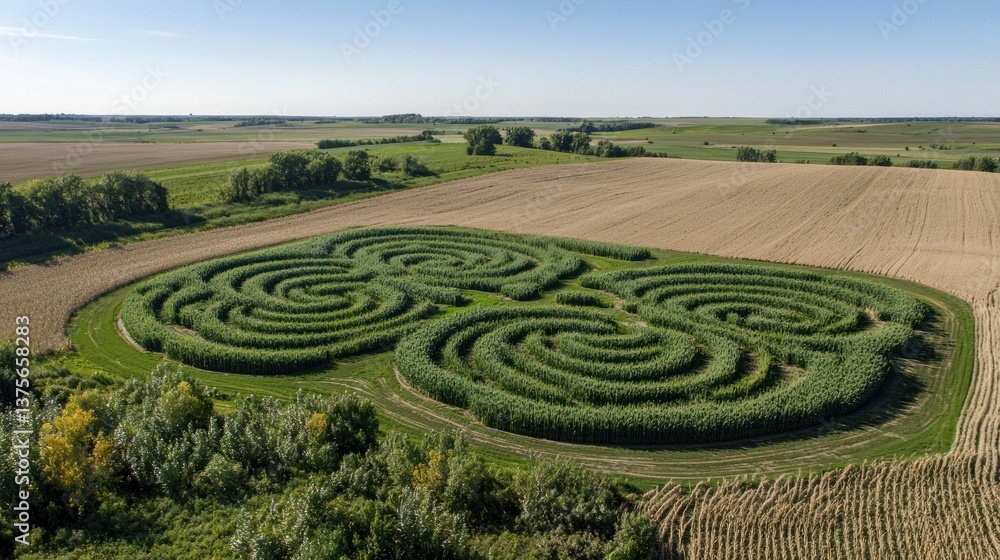 Aerial view of a large corn maze in a field. Aerial view of a large corn maze in a field.