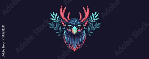 Colorful owl with antlers and leaves on dark background - vector.