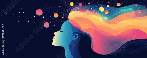 Colorful cosmic dreamscape with woman's silhouette and flowing hair vector.