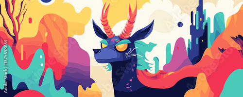 Colorful fantasy landscape with mythical creature in vibrant abstract style - vector.