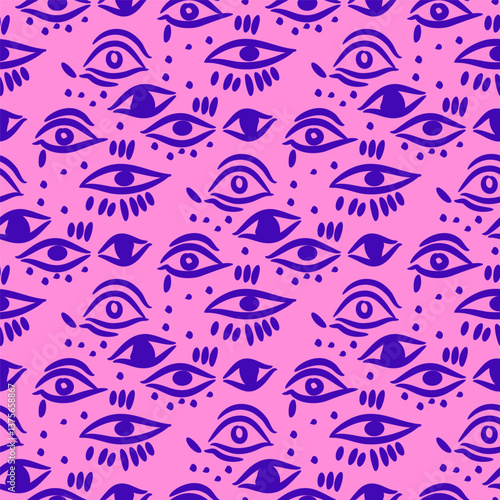 Funky Brush drawn surreal seamless pattern with doodle esoteric eye different shapes, Magic, witchcraft, occult symbol art Template design paper,textile