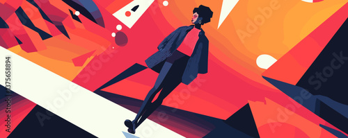 Fashionable woman in abstract geometric landscape with bold colors vector.