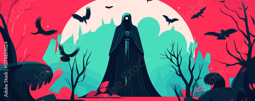 Mysterious hooded figure in dark forest with bats and moonlit sky - vector.