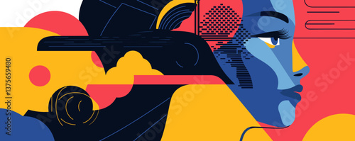 Colorful abstract portrait of a woman in profile, geometric and futuristic art - vector.