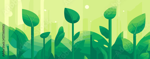 Lush green forest with tall leaves and plants on a bright day - vector.