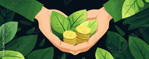 Hands holding coins and leaves in nature-themed setting, symbolizing eco wealth growth, vector.