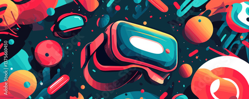 Abstract futuristic vr headset with colorful geometric shapes on dark background - vector.