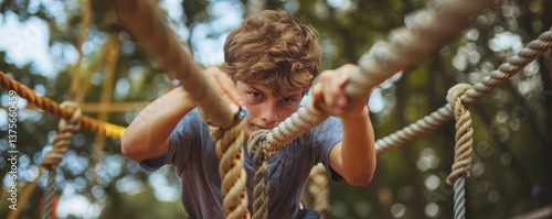 Teenager enjoying a rope adventure park...