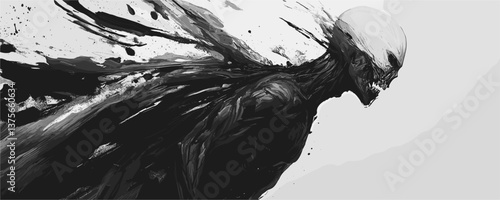 Dark abstract creature with flowing black ink and skull head in motion - vector.