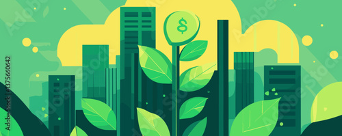Eco-friendly urban growth with plants and buildings in green city landscape - vector.