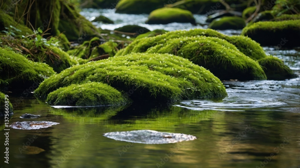 Moss Covered Rocks in Flowing Stream Water Reflecting Nature Moss Covered Rocks in Flowing Stream Water Reflecting Nature
