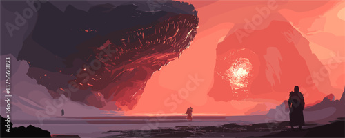 Alien sunset landscape with dramatic sky and mysterious figures on a distant planet - vector.