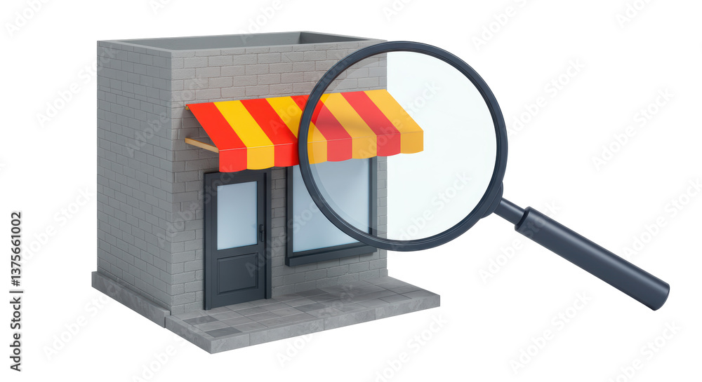 Isolated Storefront Under Magnifying Glass with Red and Yellow Awning