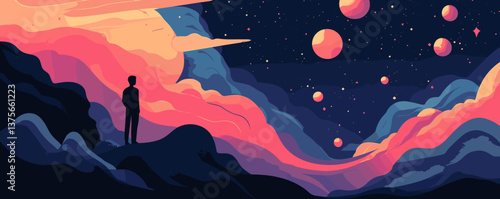 Dreamy cosmic landscape with silhouette under starry sky and floating planets - vector.