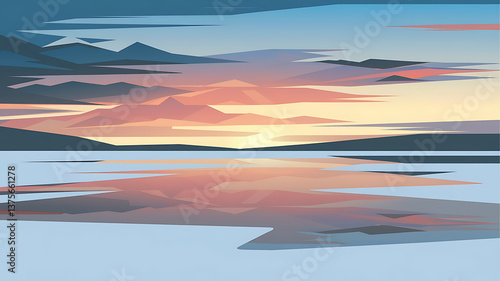 Sunrise mountain reflection over calm water low-poly style
